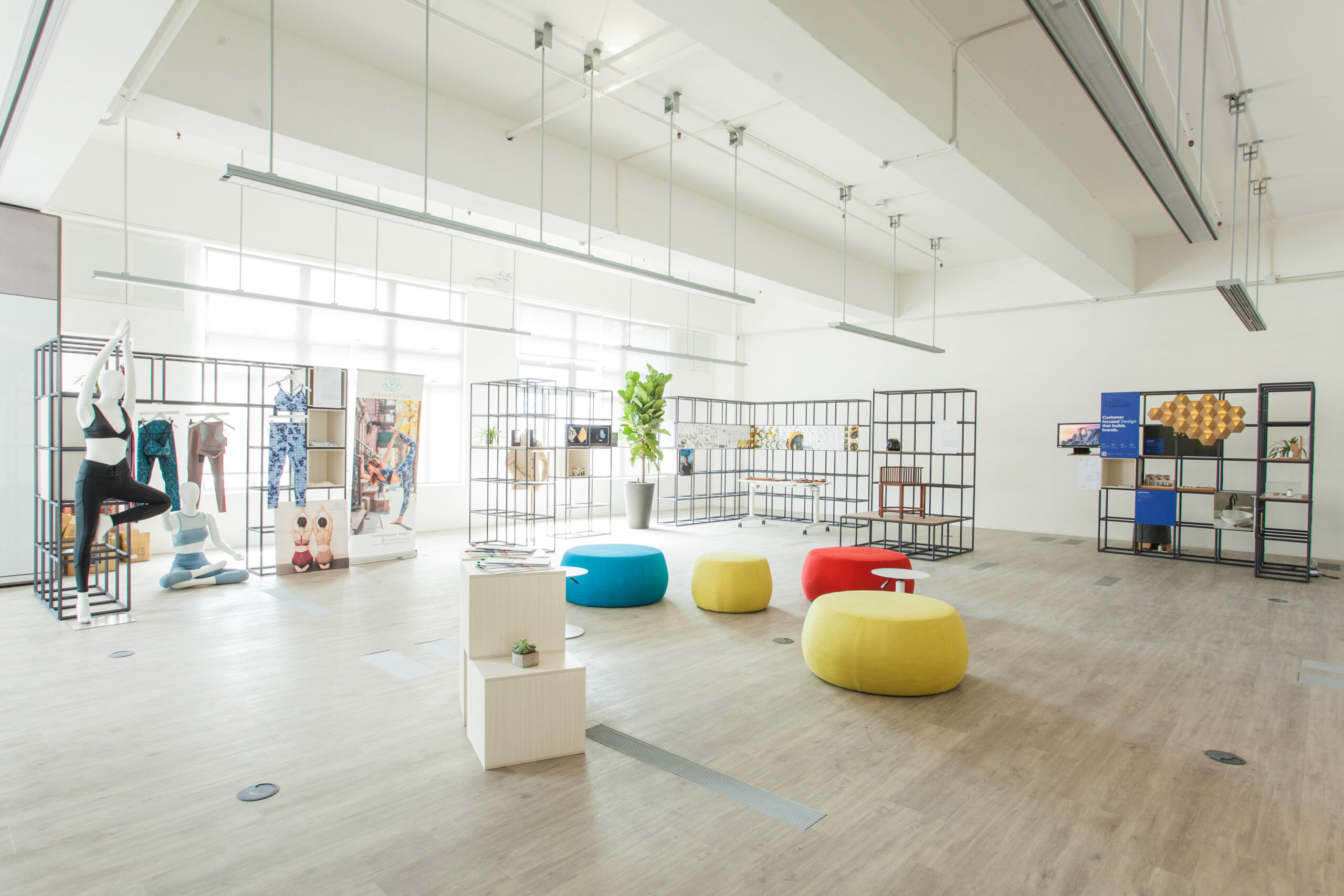 The vibrant interior of a coworking space with a variety of colorful items.