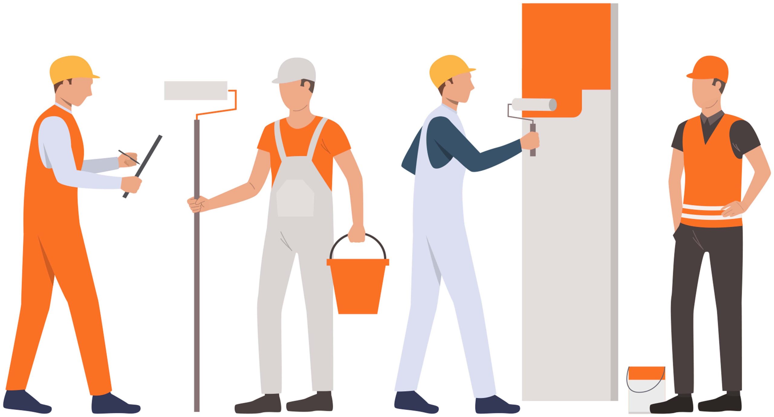 Four construction workers in safety gear—one writing on a clipboard, two painting with rollers, and one holding a bucket—stand against a plain white background, ready to transform spaces for your office rental HK projects.